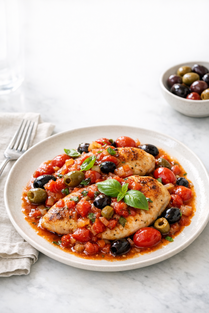 Pan-Seared Chicken with Tomato Olive Sauce recipe