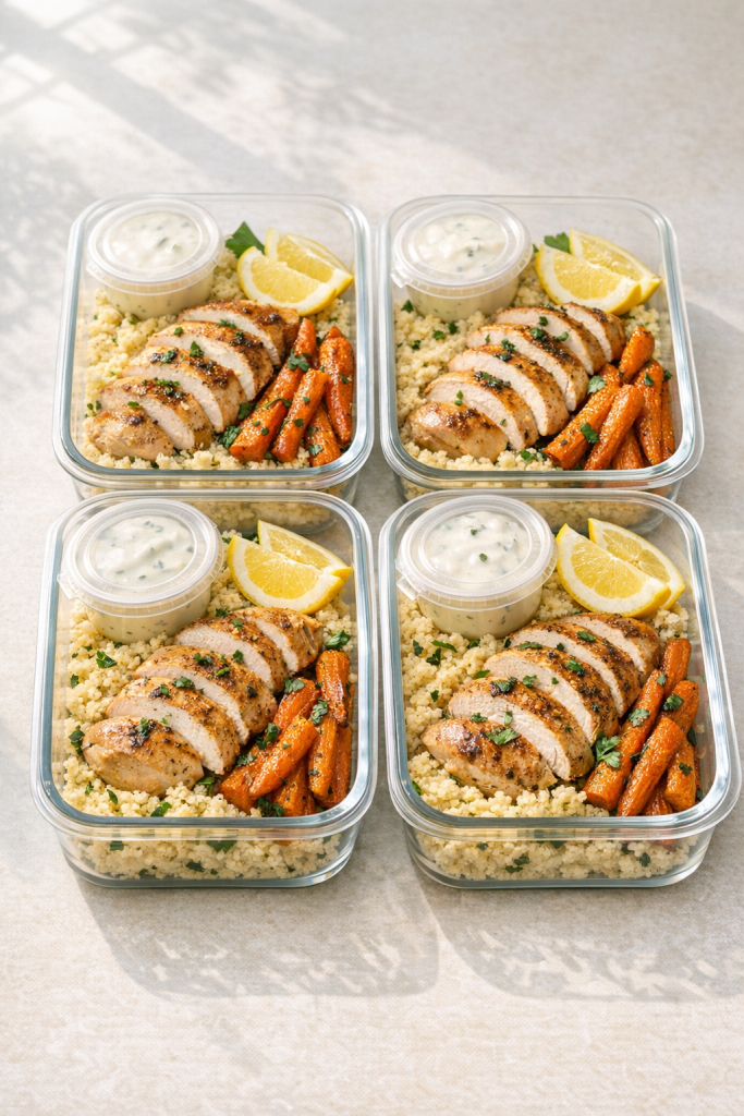 Meal Prep Chicken Couscous Bowls with Roasted Carrots recipe