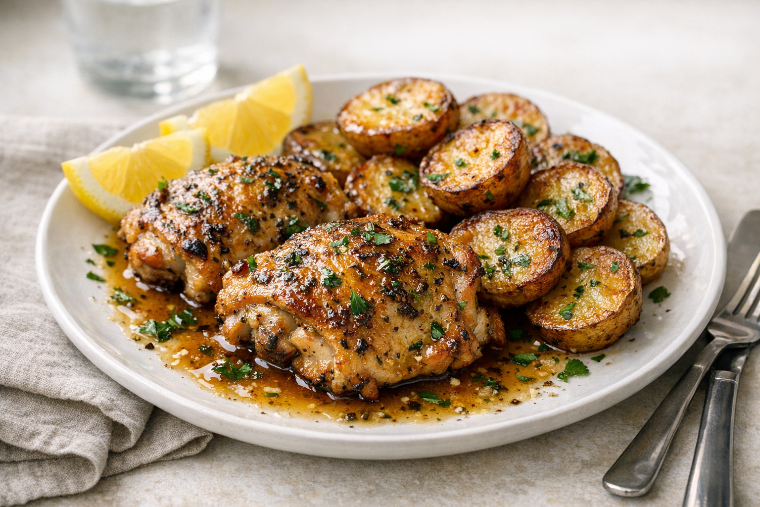 Herb-Marinated Chicken Thighs with Oven Potatoes