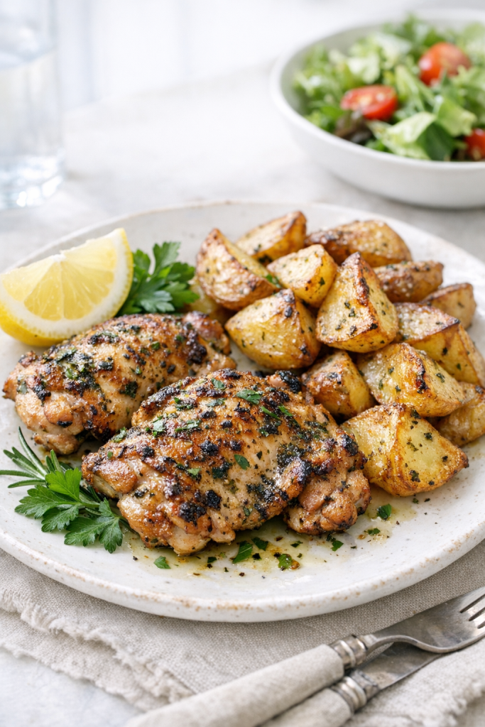 Herb-Marinated Chicken Thighs with Oven Potatoes recipe