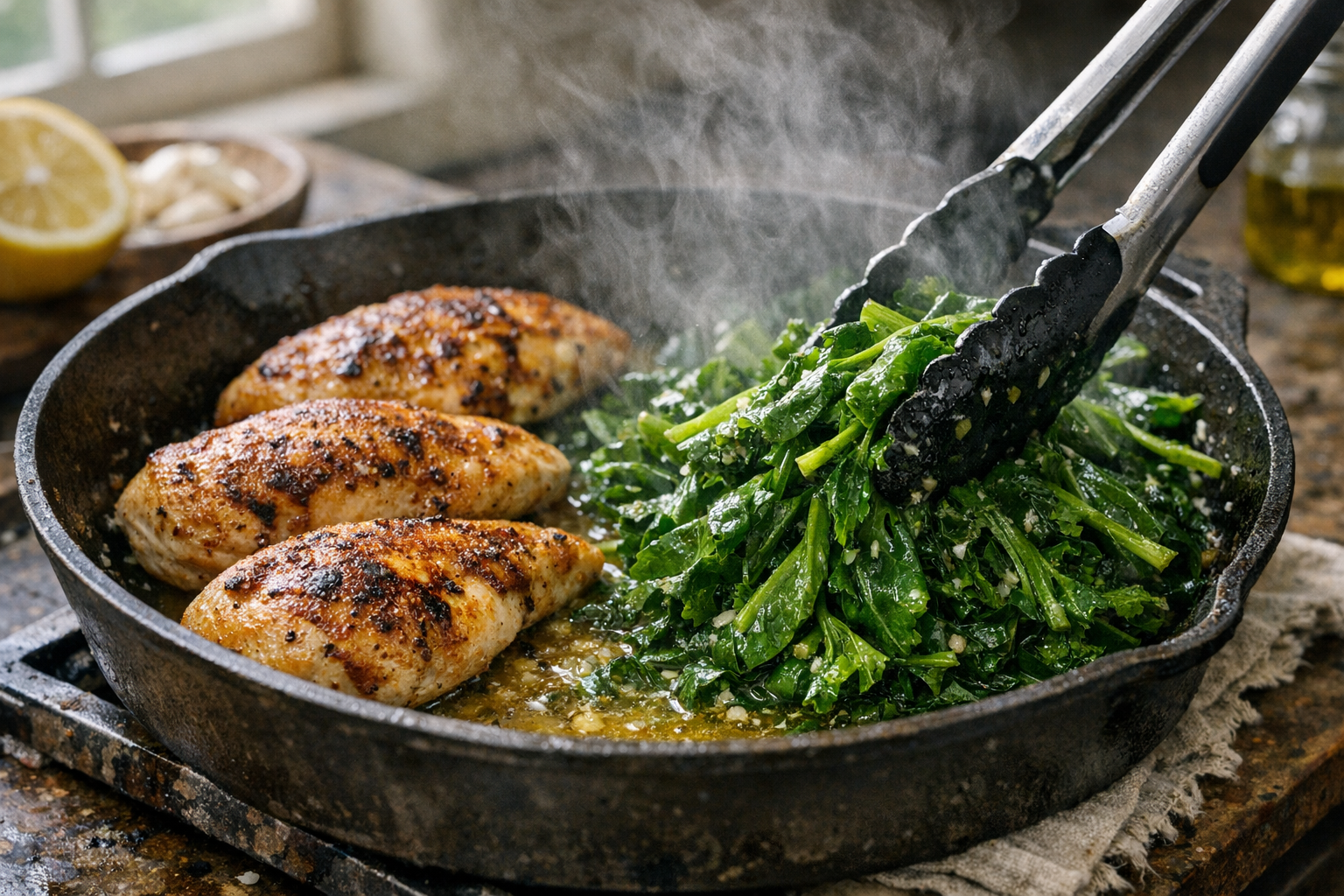 Skillet Lemon Chicken with Wilted Greens & Garlic