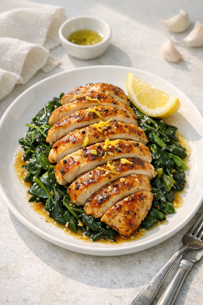 Skillet Lemon Chicken with Wilted Greens and Garlic recipe