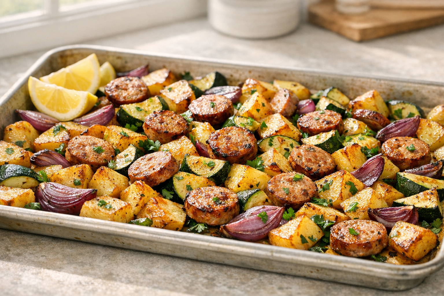 One-Pan Chicken Sausage with Zucchini & Potatoes