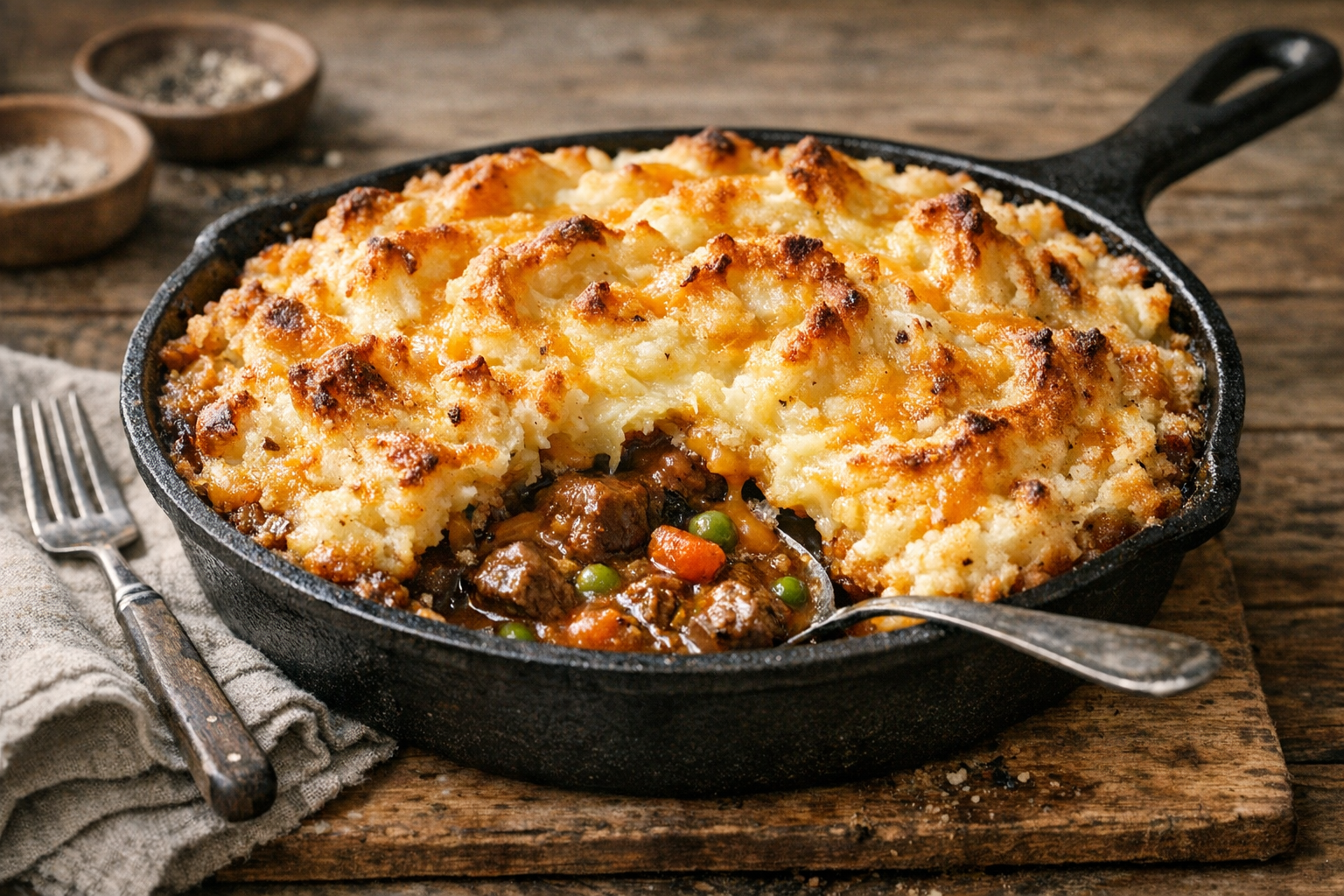 Beef and Cheddar Skillet Pie with Mashed Potatoes