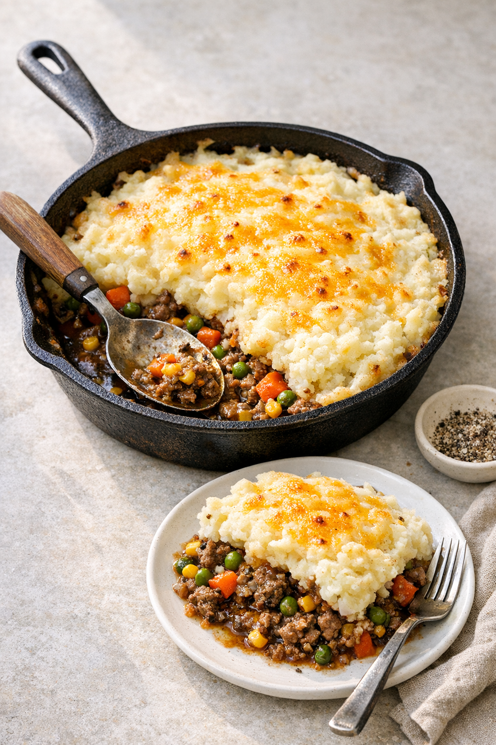 Beef and Cheddar Skillet Pie with Mashed Potatoes recipe