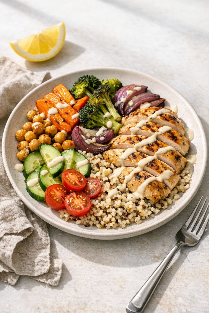 Meal Prep Chicken Quinoa Bowls with Roasted Veggies recipe