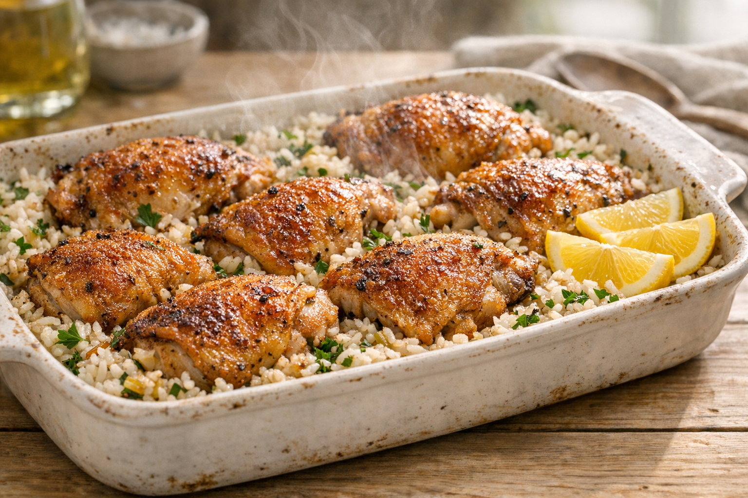 Oven-Baked Garlic Chicken Thighs with Rice