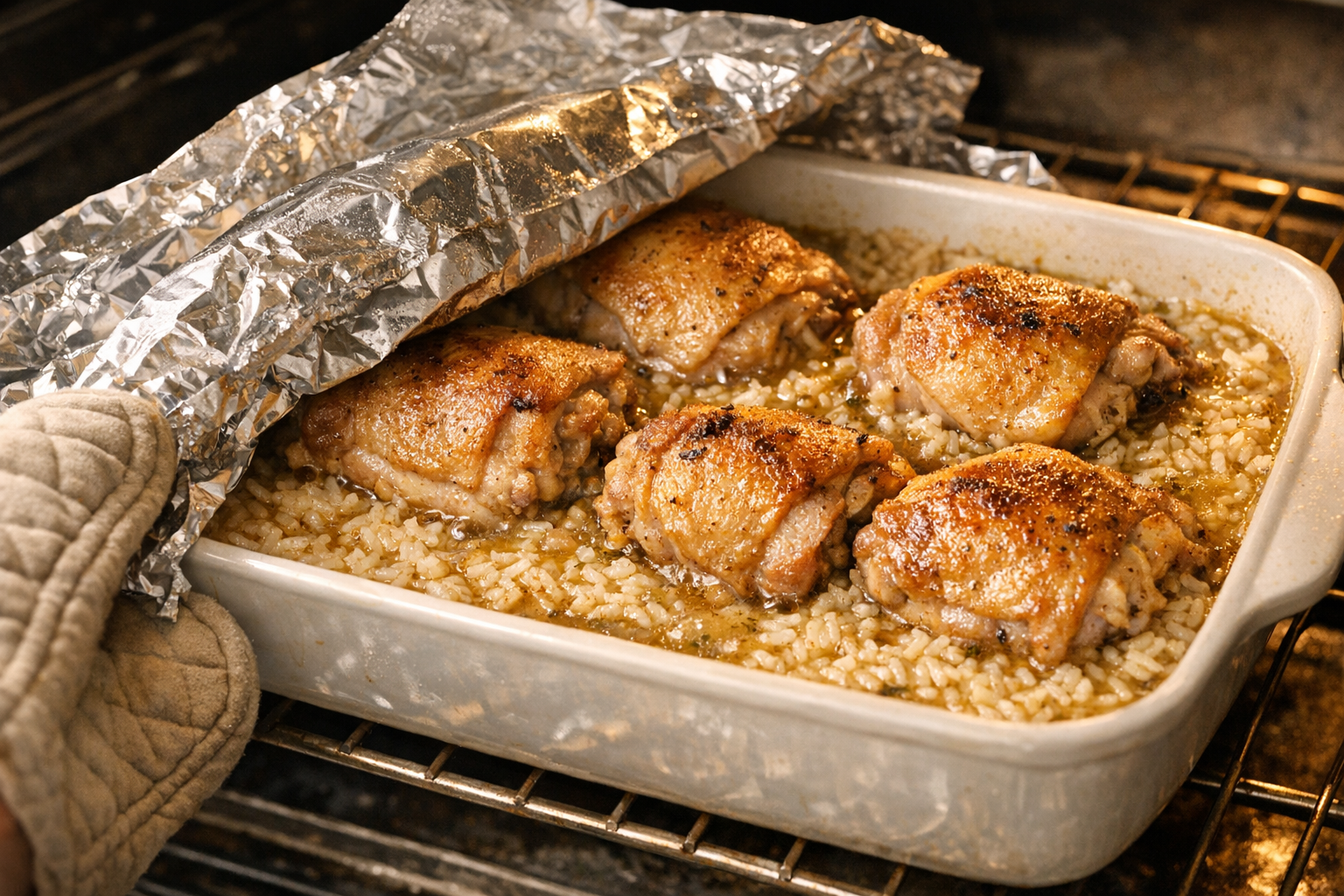 Oven-Baked Garlic Chicken Thighs with Rice