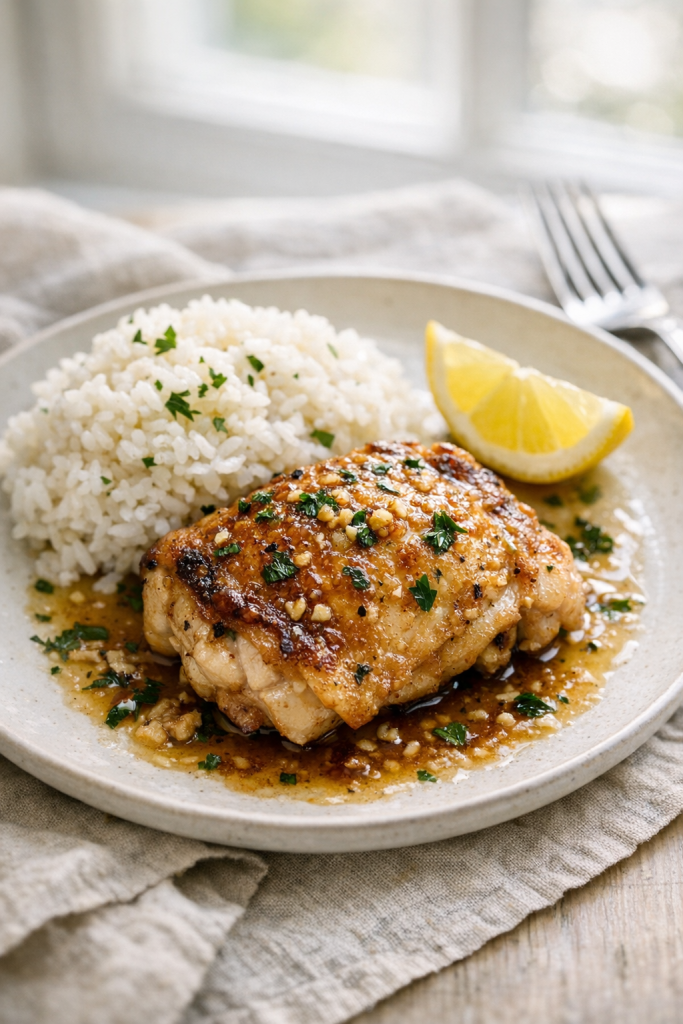 Oven-Baked Garlic Chicken Thighs with Rice recipe