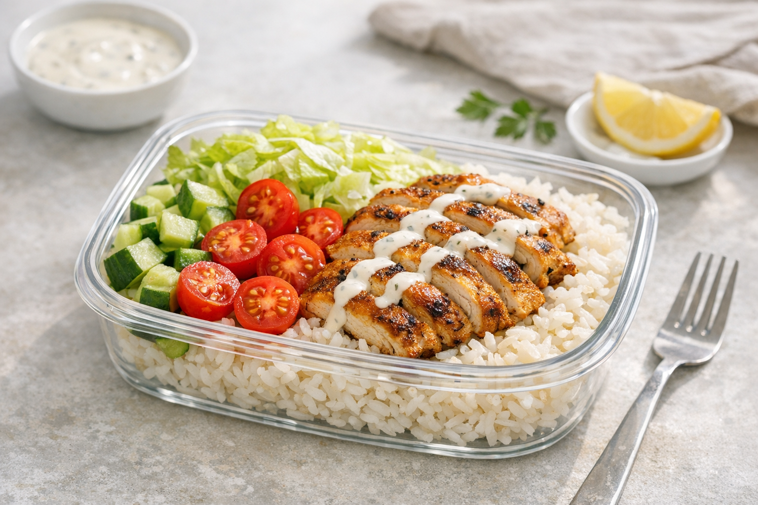Meal Prep Chicken Rice Bowls with Garlic Sauce