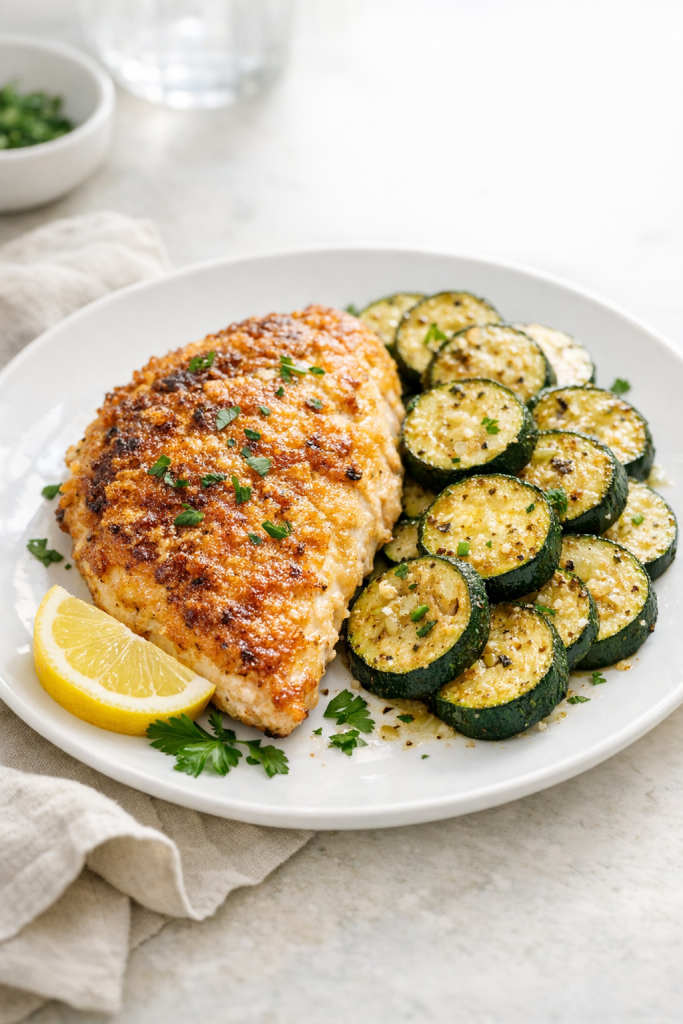 Skillet Parmesan Chicken with Sautéed Zucchini recipe