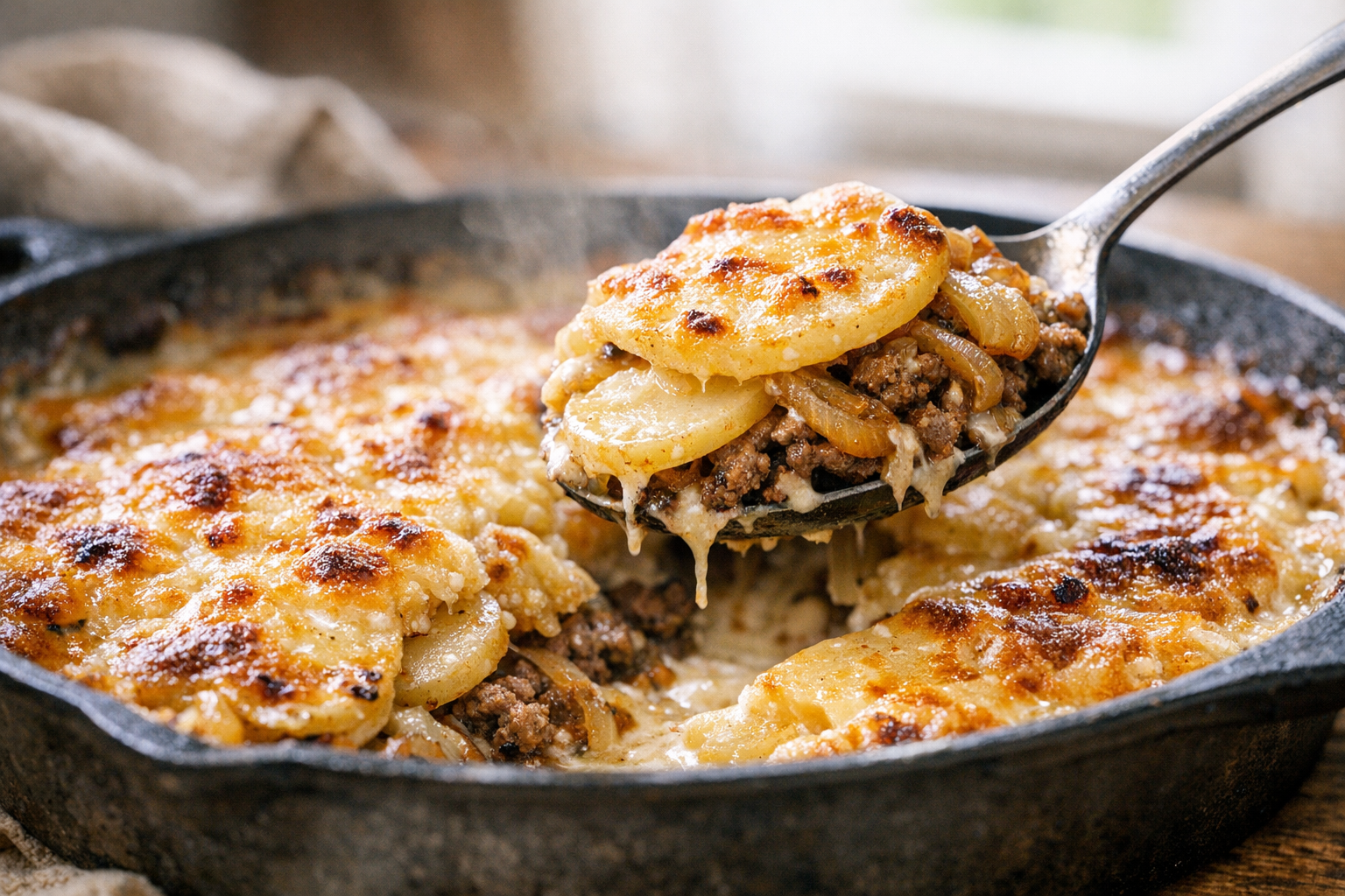 Beef and Onion Skillet Gratin with Potatoes