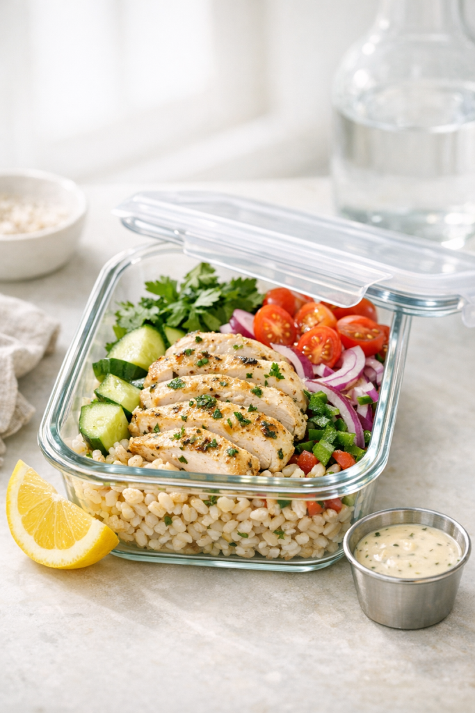 Meal Prep Lemon Herb Chicken Barley Bowls recipe