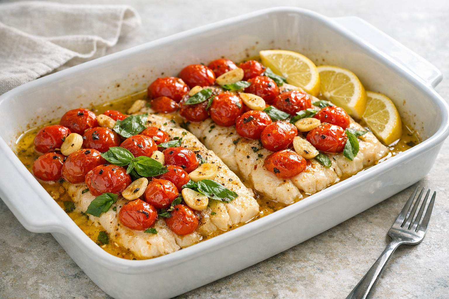 Healthy Baked Fish with Garlic Tomatoes (Easy & Light)