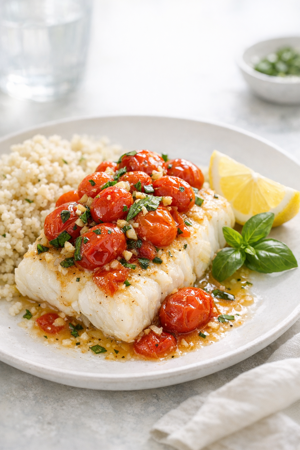 Healthy Baked Fish with Garlic Tomatoes recipe