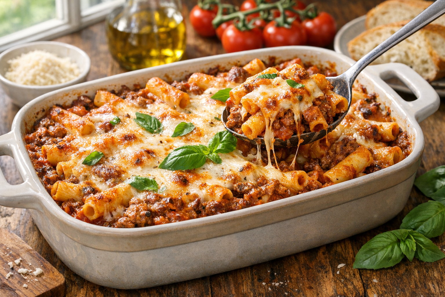 Family-Style Baked Ziti with Meat Sauce