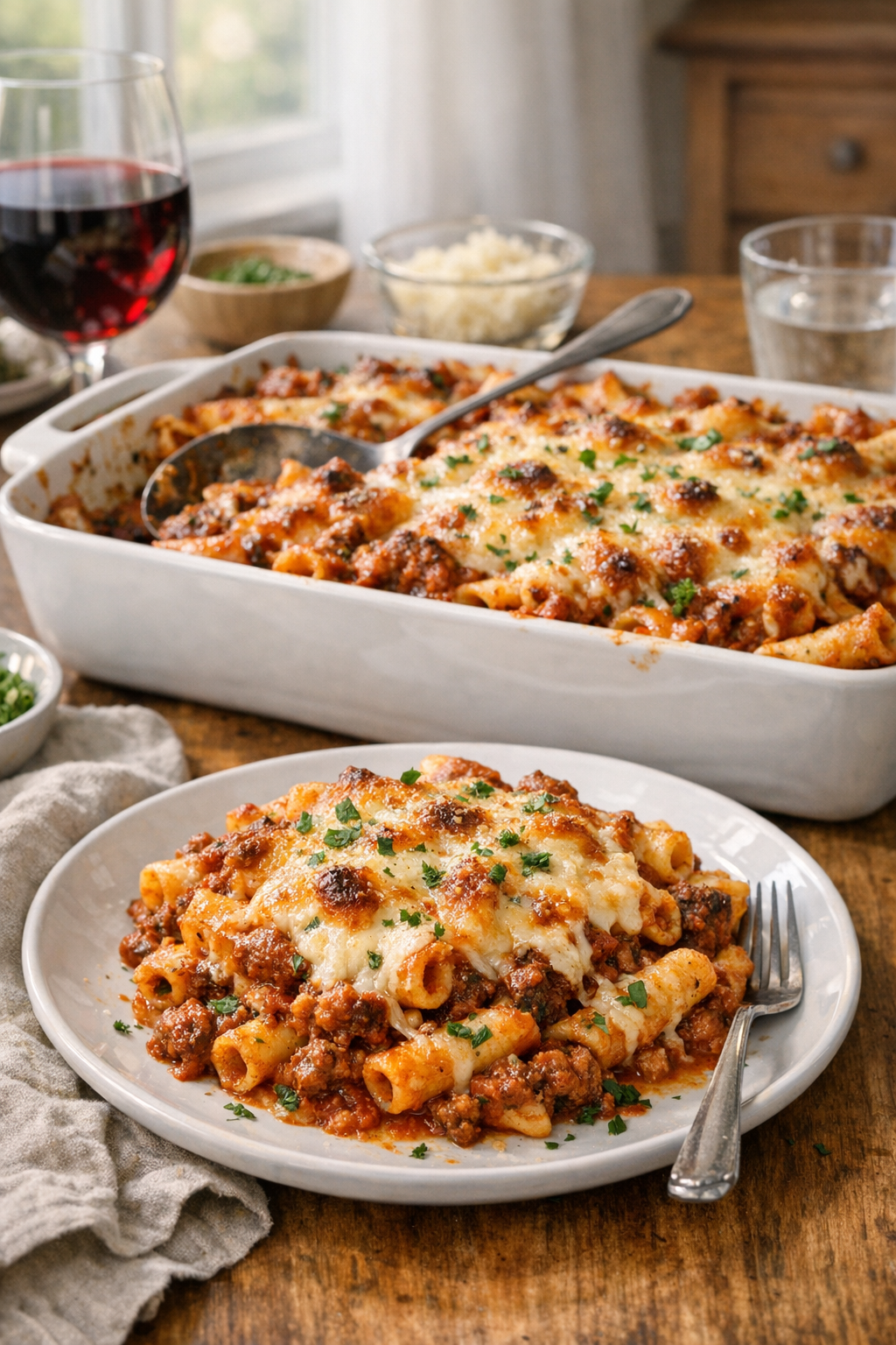 Photorealistic vertical 2:3 image (2200px height) of baked ziti with meat sauce in a baking dish with a plated serving in the foreground, cheesy browned top, herb garnish, cozy family dinner table setting, natural window light, US food photography, realistic appetizing styling, no text, no logo, no watermark