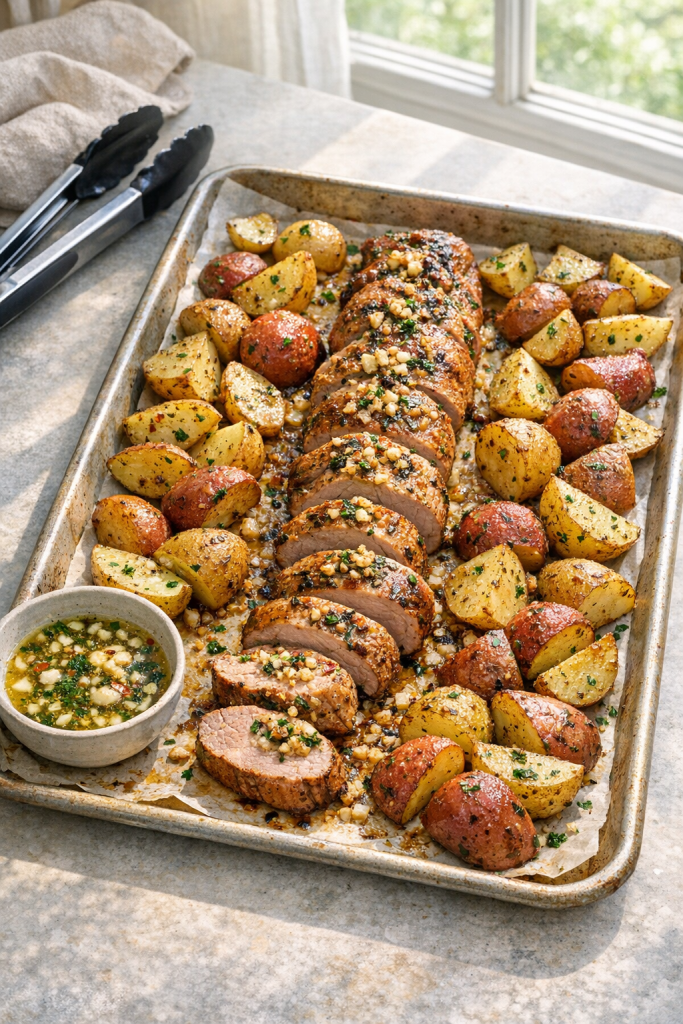 Photorealistic vertical 2:3 composition (2200px height) of a sheet pan dinner featuring garlic pork tenderloin and roasted potatoes, tongs and a small bowl of garlic butter nearby, bright natural window light, US food photography, realistic, no text, no logo, no watermark