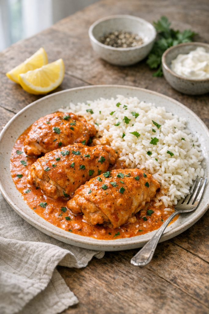 Photorealistic vertical 2:3 US food photography (approx 2200px height) of a plated paprika chicken with rice on a rustic table with simple linen and lemon, natural window light, minimal props, appetizing and realistic, no text, no logo, no watermark