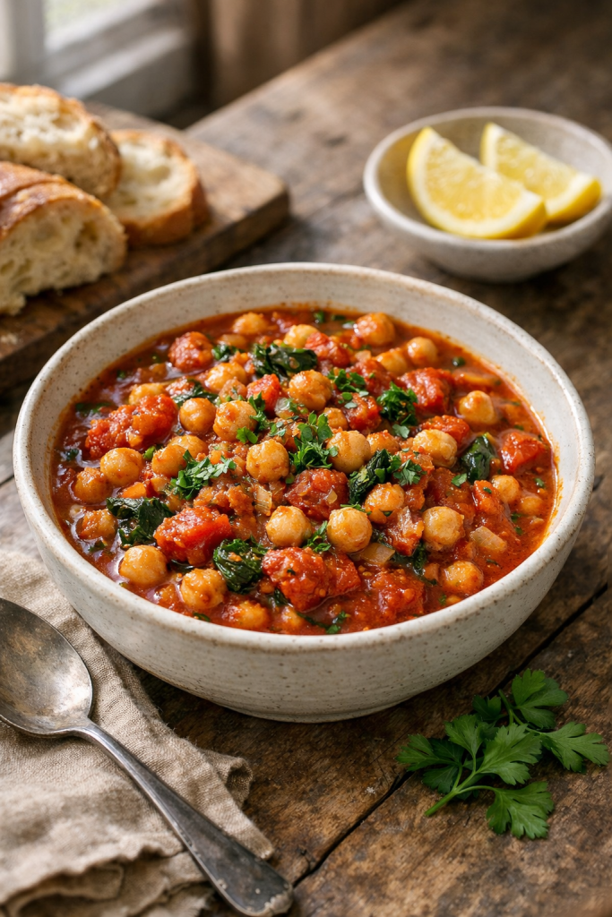 Photorealistic vertical 2:3 US food photography of tomato chickpea stew in a bowl on a rustic table with lemon wedge and bread in the background, garnished with herbs, natural window light, realistic cozy styling, 2200px height, no text, no logo, no watermark