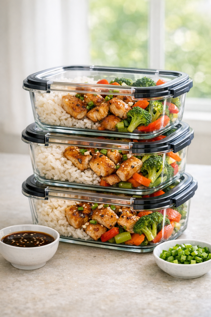 Photorealistic vertical 2:3 image of three stacked meal prep containers filled with chicken, mixed vegetables, and rice on a clean countertop with a small bowl of extra sauce and chopped green onions nearby, bright natural window light, minimal props, US food photography, realistic and appetizing, no text, no logo, no watermark, 2200px height
