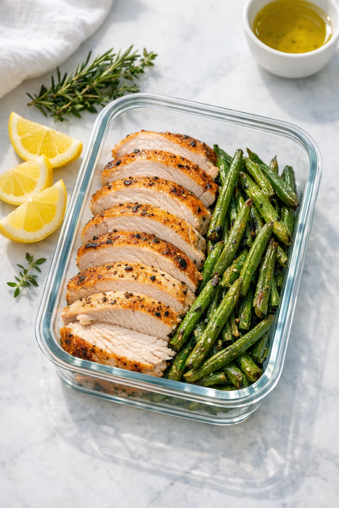 Photorealistic vertical 2:3 plated meal prep style: sliced baked turkey with roasted green beans in a neat container beside lemon wedges and herbs, bright natural light, clean background, US food photography, realistic and appetizing, no text, no logo, no watermark, 2200px height