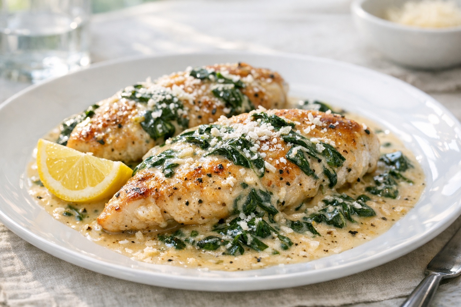 Skillet Chicken with Spinach & Light Cream Sauce