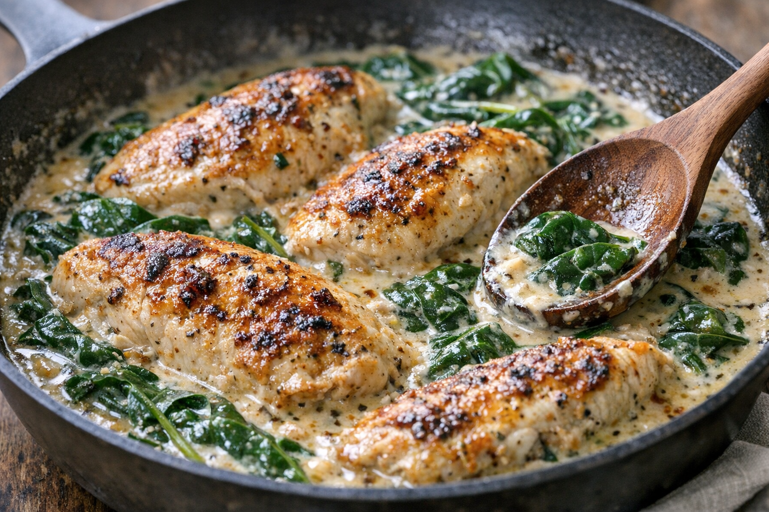 Skillet Chicken with Spinach & Light Cream Sauce