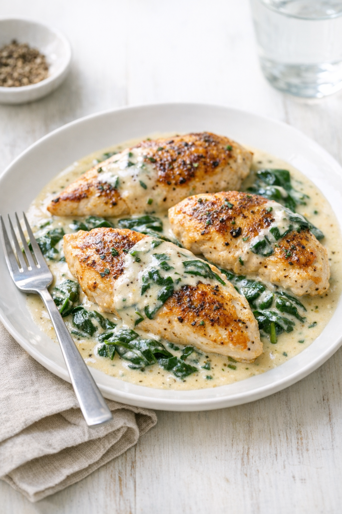 Photorealistic vertical 2:3 plated dinner scene of skillet chicken with spinach and light cream sauce, styled with simple linen and fork, bright natural window light, creamy sauce sheen, minimal background, realistic US food photography, no text, no logo, no watermark, 2200px height