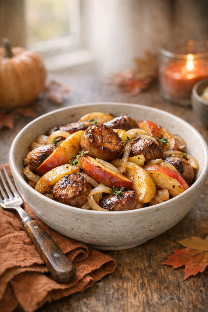 Photorealistic vertical 2:3 image of one-pan sausage with apples and onions served in a bowl with a fork on the side, cozy fall colors, soft natural window light, shallow depth of field, US food photography, 2200px height, no text, no logo, no watermark
