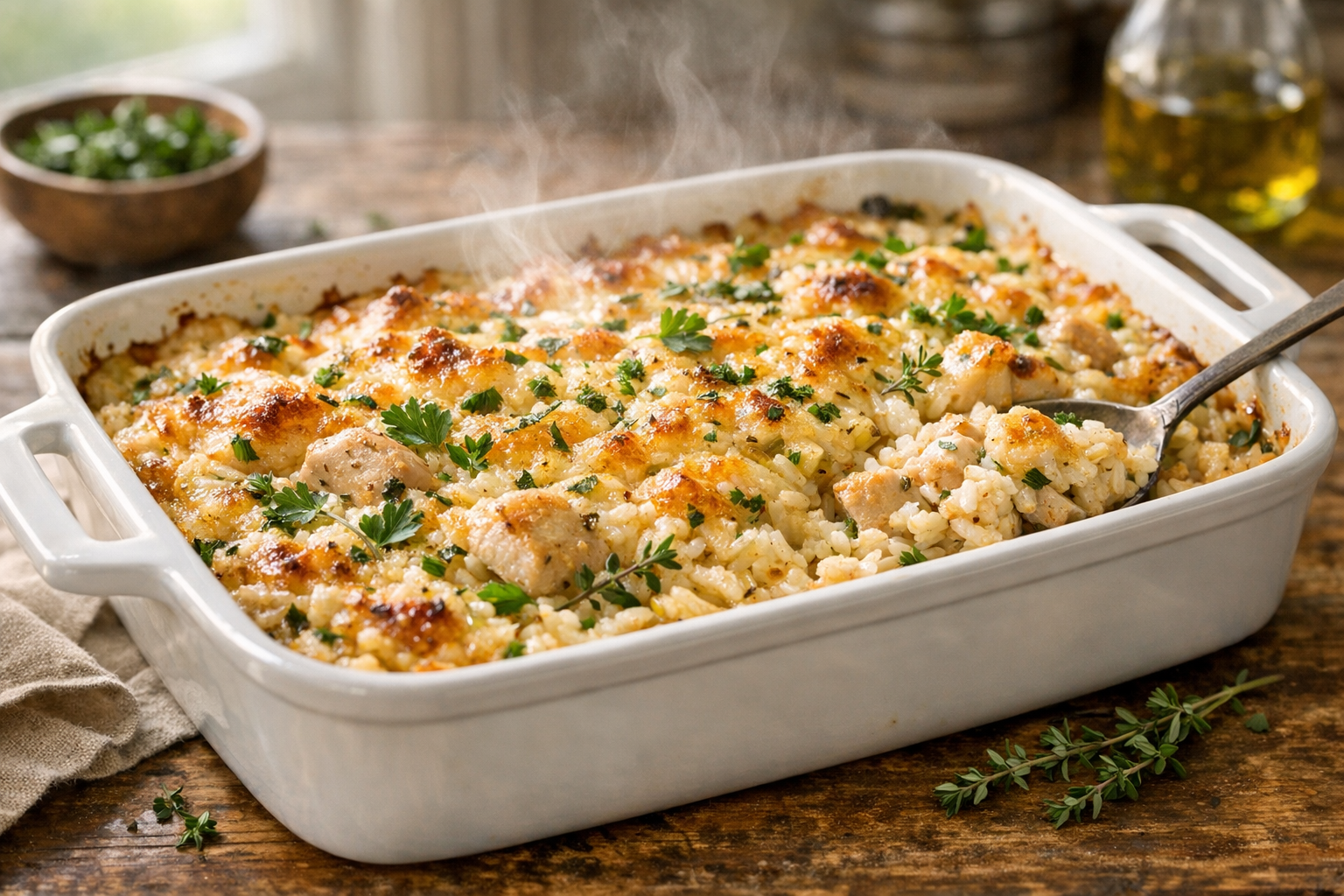 Creamy Chicken Rice Bake with Herbs (Easy Casserole)