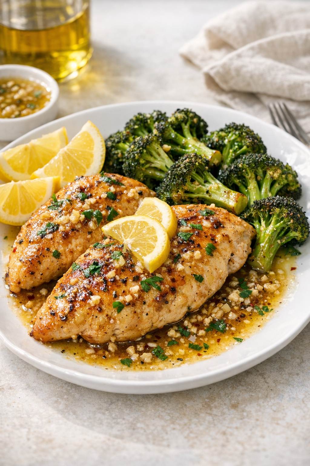 Skillet Lemon Garlic Chicken with Roasted Broccoli