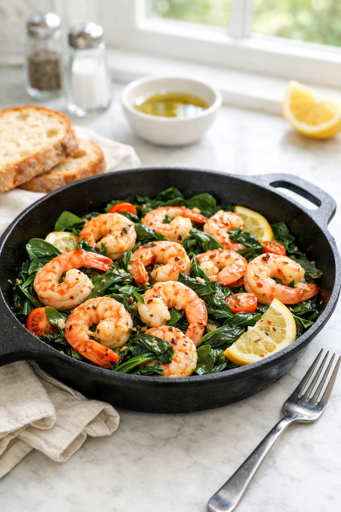Photorealistic vertical 2:3 shot (Pinterest style) of the shrimp and spinach skillet on a bright kitchen counter with a fork and crusty bread nearby, natural window light, clean minimal props, vibrant greens and pink shrimp, realistic US food photography, no text, no logo, no watermark