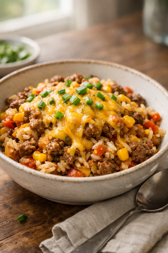 Photorealistic vertical 2:3 image of a plated beef and rice skillet portion in a bowl with melted cheddar and green onions, a spoon on the side, soft natural window light, shallow depth of field, US food photography, realistic and appetizing, no text, no logo, no watermark, 2200px height