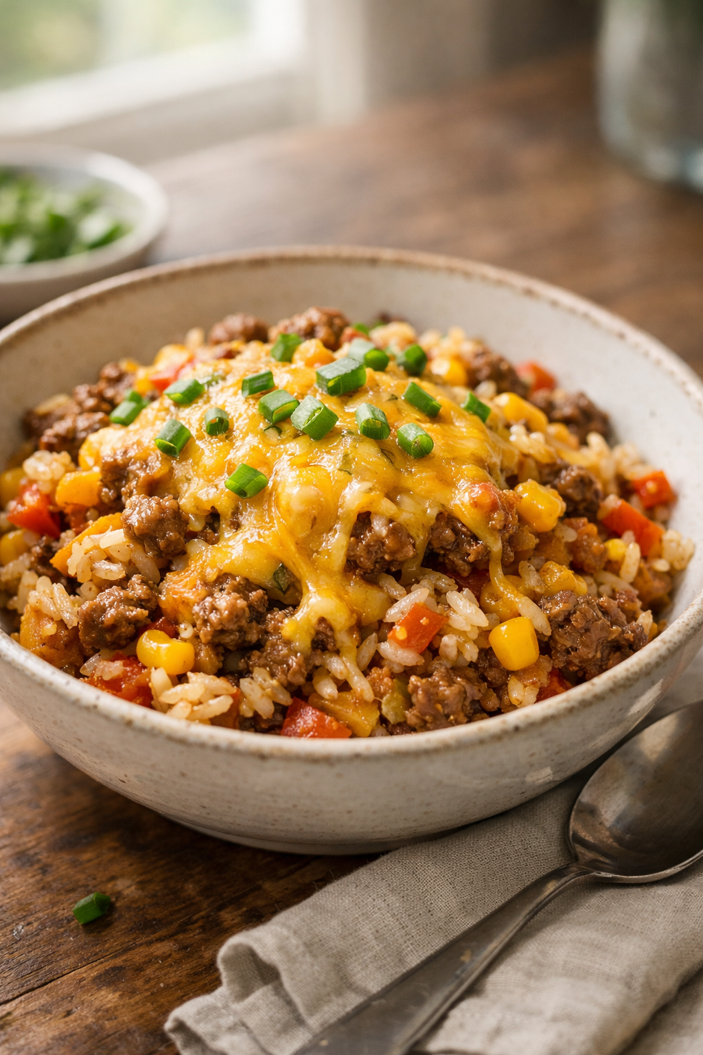 Photorealistic vertical 2:3 image of a plated beef and rice skillet portion in a bowl with melted cheddar and green onions, a spoon on the side, soft natural window light, shallow depth of field, US food photography, realistic and appetizing, no text, no logo, no watermark, 2200px height