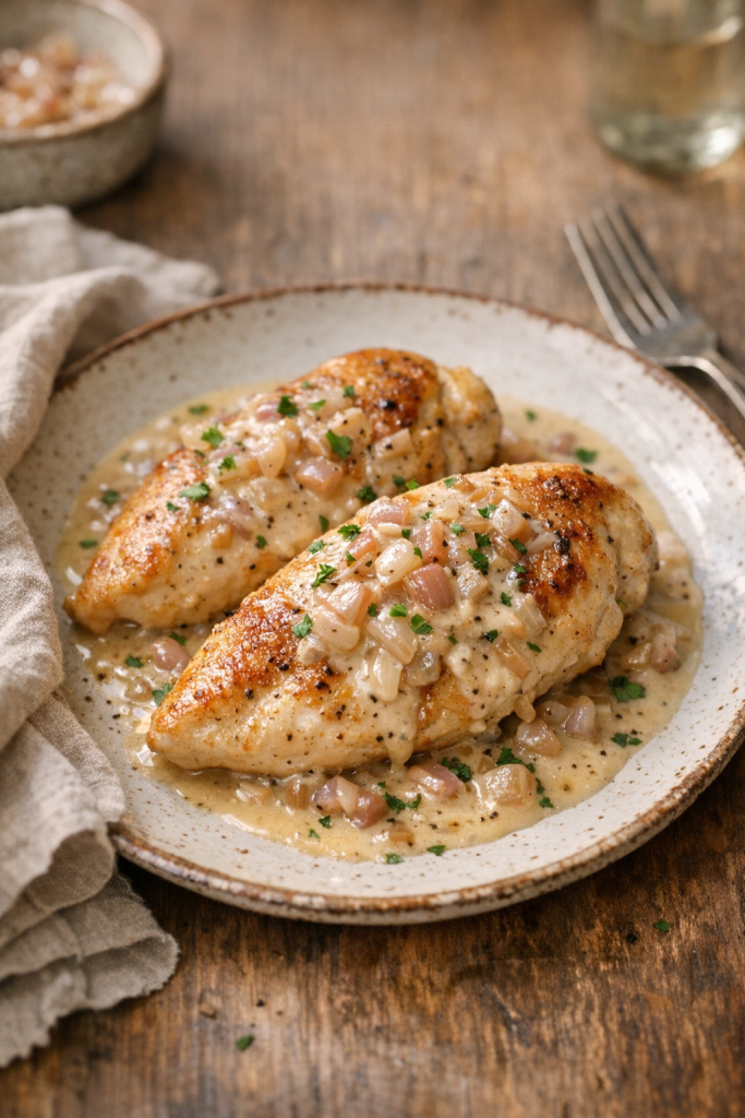 Photorealistic vertical 2:3 plated shot (Pinterest style) of pan-seared chicken with shallot cream sauce on a rustic plate, fork and linen napkin nearby, soft natural window light, warm tones, shallow depth of field, US food photography, no text, no logo, no watermark
