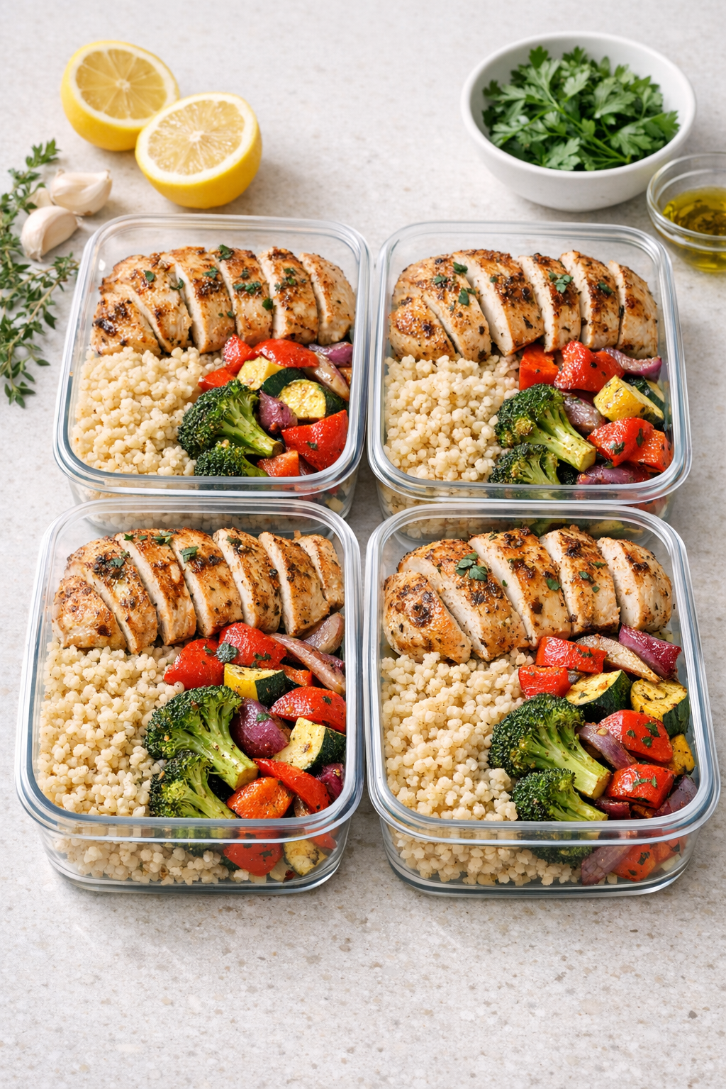 Photorealistic vertical 2:3 US food photography of four meal prep containers filled with bulgur, roasted veggies, and chicken arranged on a light kitchen counter with lemon and herbs nearby, natural window light, clean styling, realistic appetizing look, no text, no logo, no watermark, 2200px height