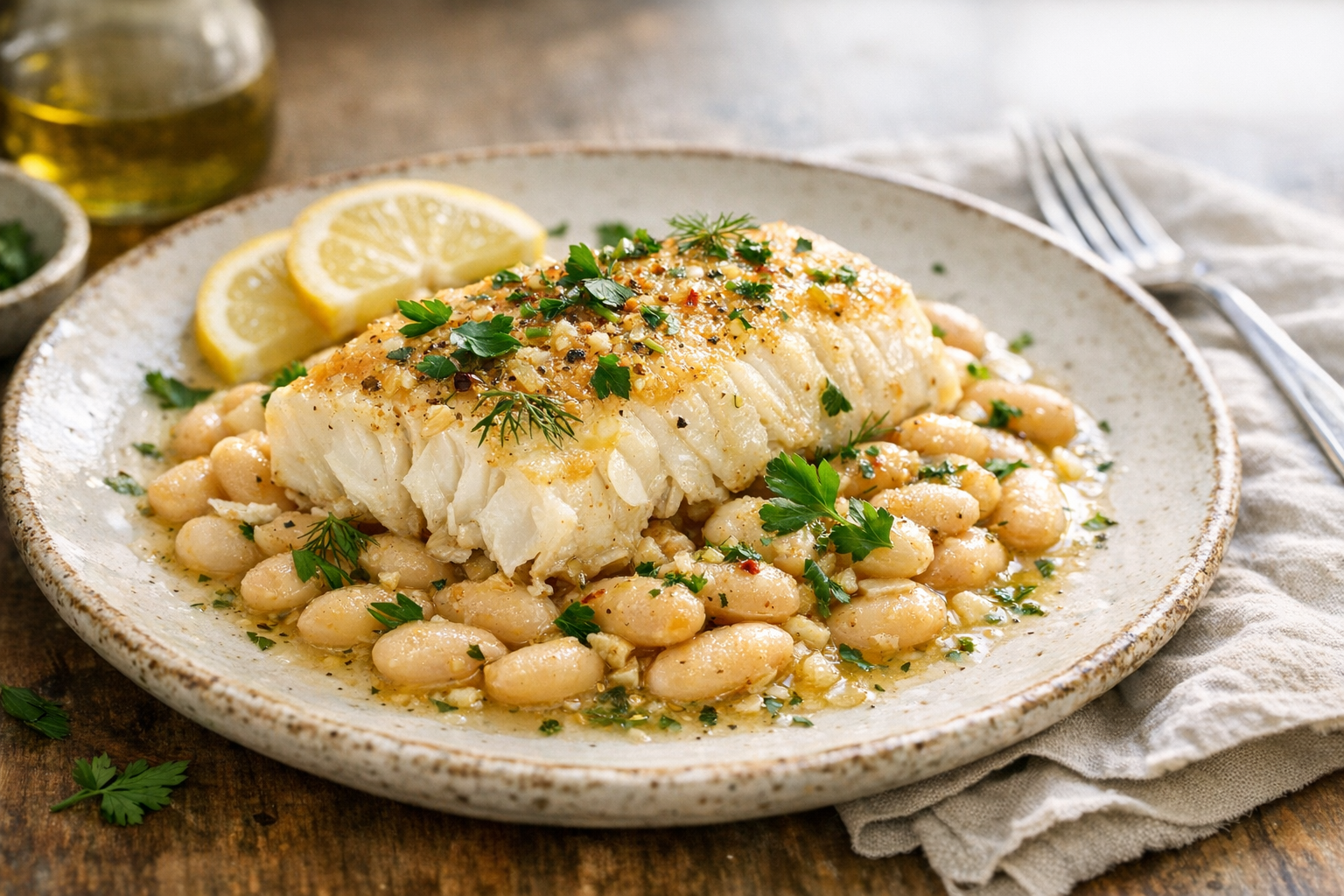 Healthy Baked Cod with White Beans & Herbs