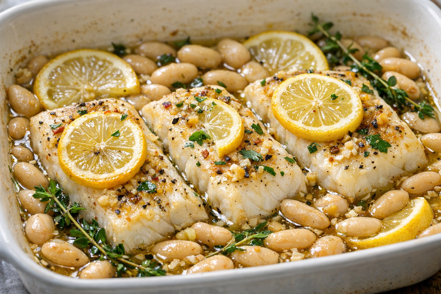 Healthy Baked Cod with White Beans & Herbs