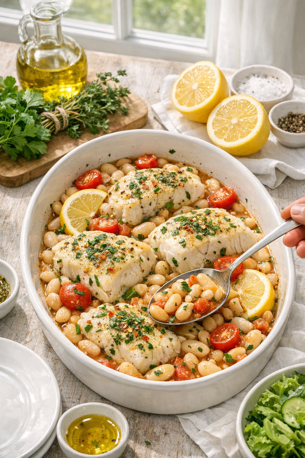 Healthy Baked Cod with White Beans & Herbs