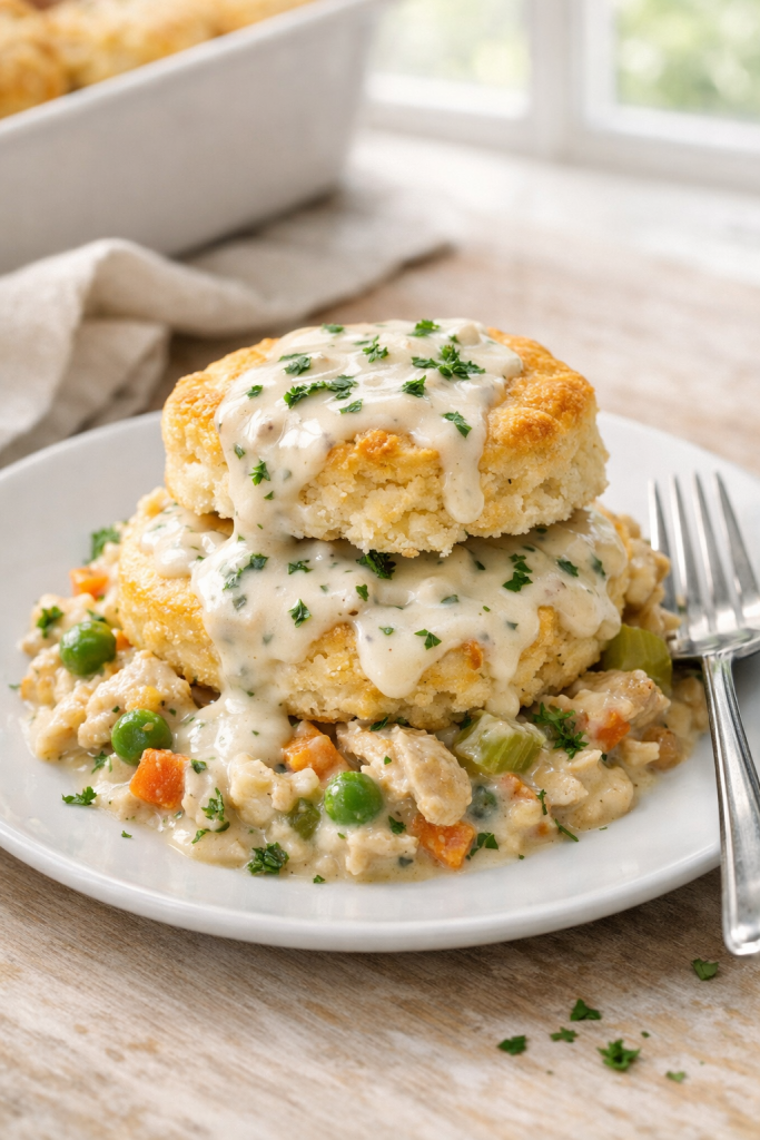 Photorealistic vertical 2:3 shot of a plated serving of chicken biscuit bake with extra herb gravy drizzled over a split biscuit, fork on the side, simple linen napkin, bright natural window light, realistic US food photography, no text, no logo, no watermark, 2200px height