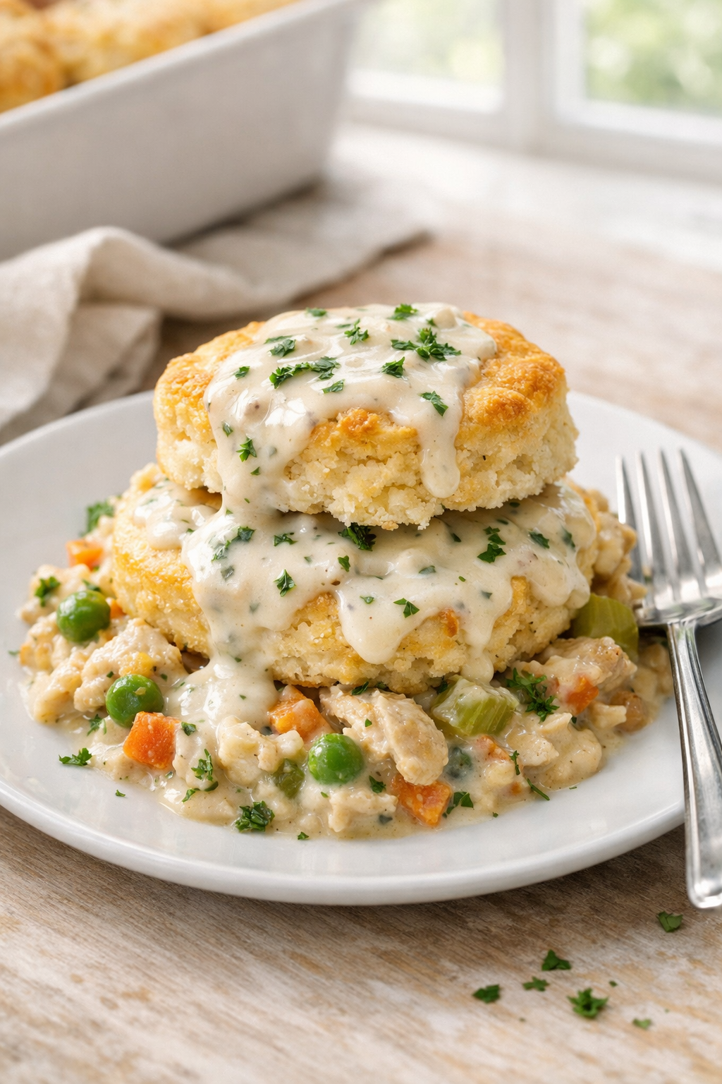 Photorealistic vertical 2:3 shot of a plated serving of chicken biscuit bake with extra herb gravy drizzled over a split biscuit, fork on the side, simple linen napkin, bright natural window light, realistic US food photography, no text, no logo, no watermark, 2200px height