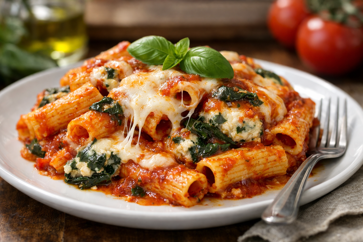 Oven-Baked Rigatoni with Spinach and Ricotta