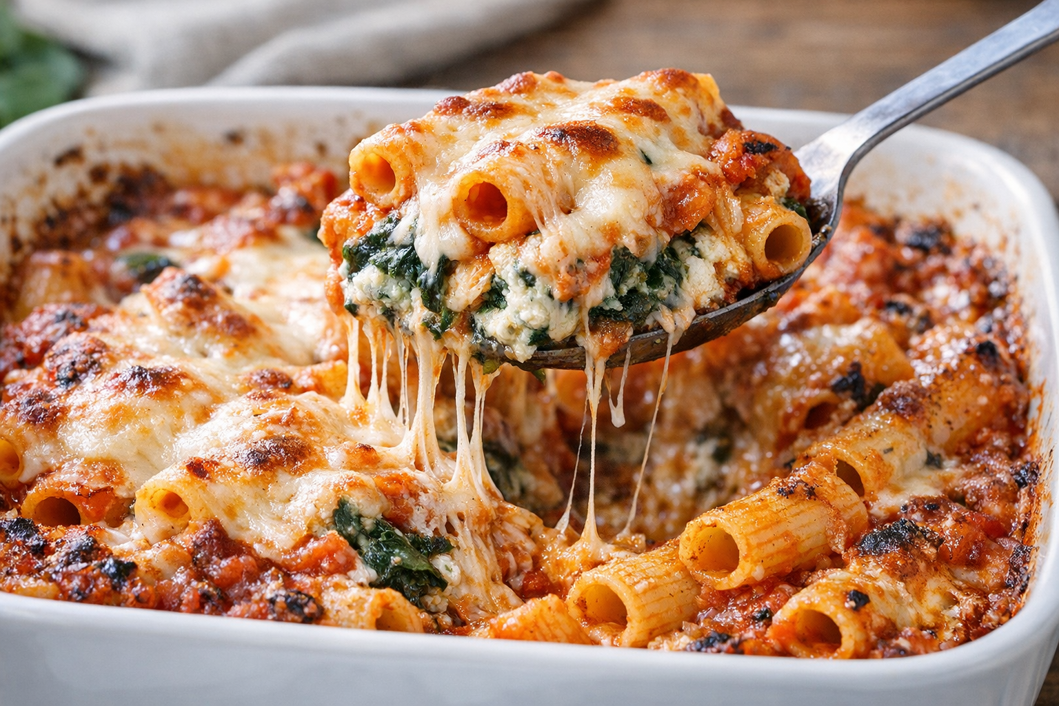 Oven-Baked Rigatoni with Spinach and Ricotta