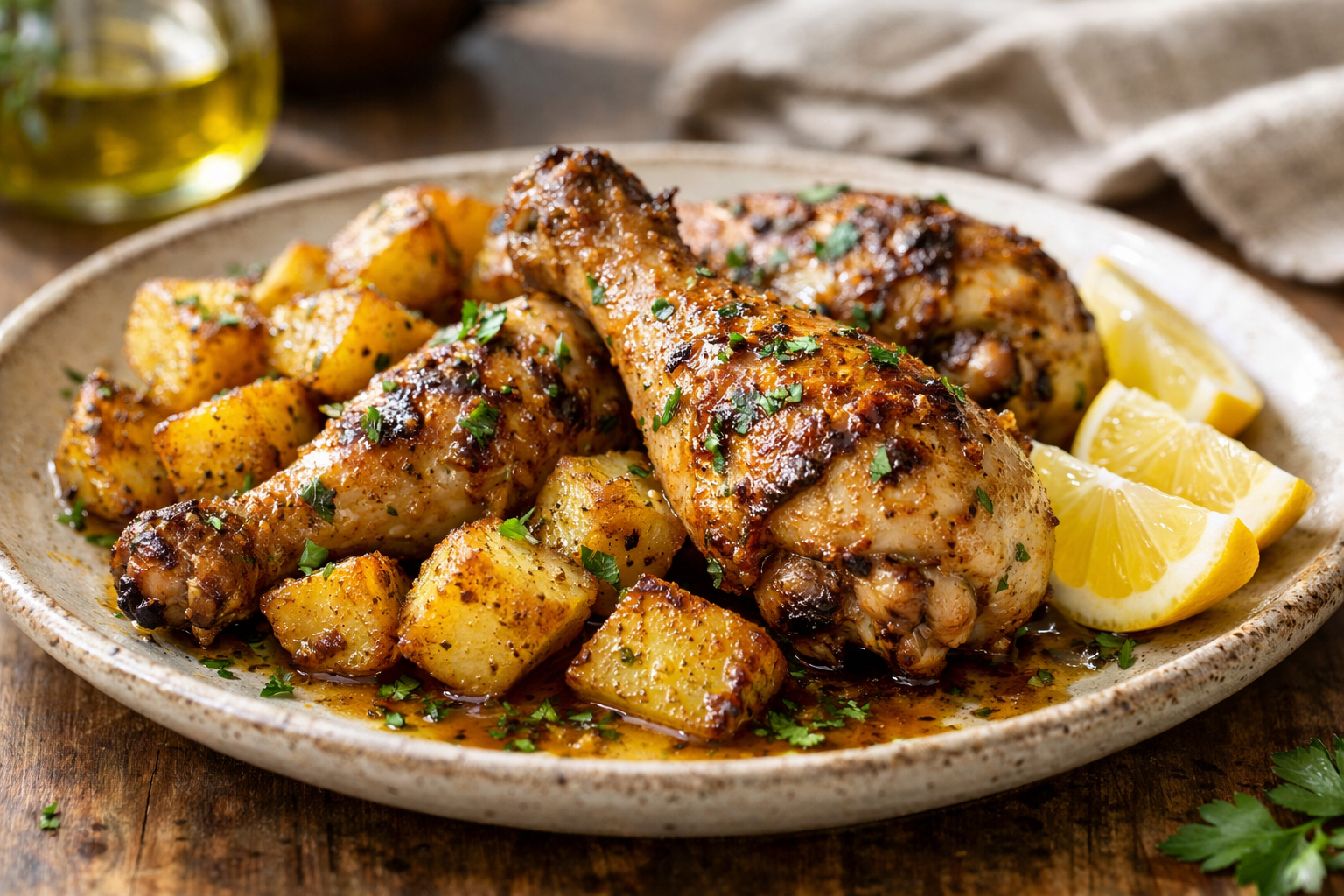 Garlic Herb Chicken Drumsticks with Crispy Potatoes