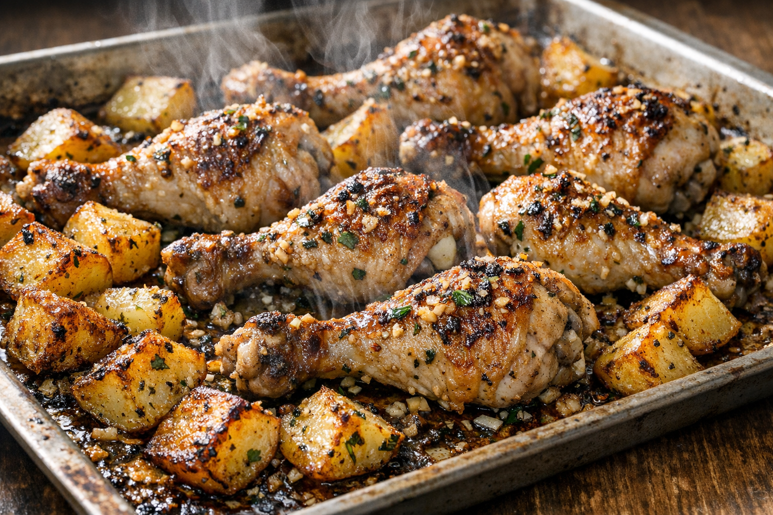 Garlic Herb Chicken Drumsticks with Crispy Potatoes