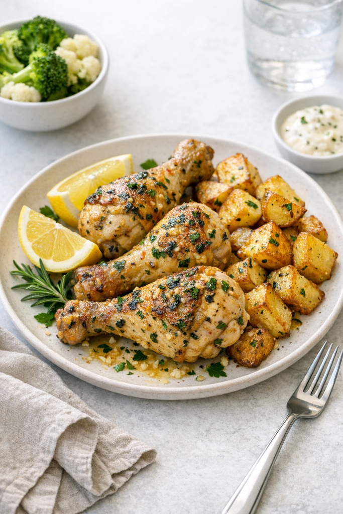 Photorealistic vertical 2:3 image of a plated garlic herb chicken drumstick dinner with crispy potatoes and lemon, styled for Pinterest, bright natural window light, clean background with linen napkin and fork, realistic US food photography, no text, no logo, no watermark, 2200px height