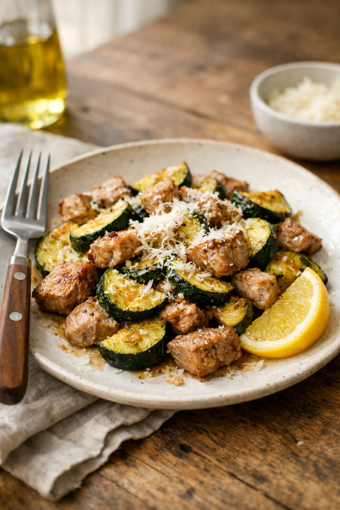 Photorealistic vertical 2:3 image of a plated serving of pork and zucchini topped with Parmesan beside a fork and lemon wedge, soft natural window light, cozy US food photography styling, appetizing and realistic, no text, no logo, no watermark