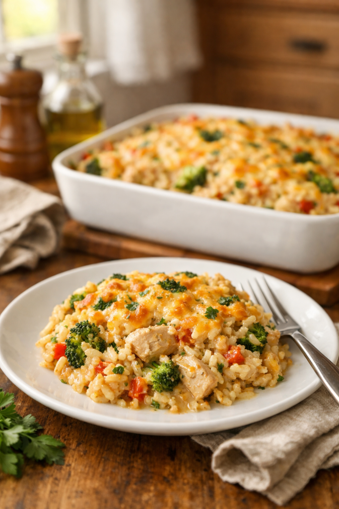 Photorealistic vertical 2:3 shot (2200px height) of the finished chicken and rice casserole in a cozy home kitchen scene with a plated serving in the foreground and the baking dish softly blurred behind, natural window light, warm tones, US food photography, no text, no logos, no watermark