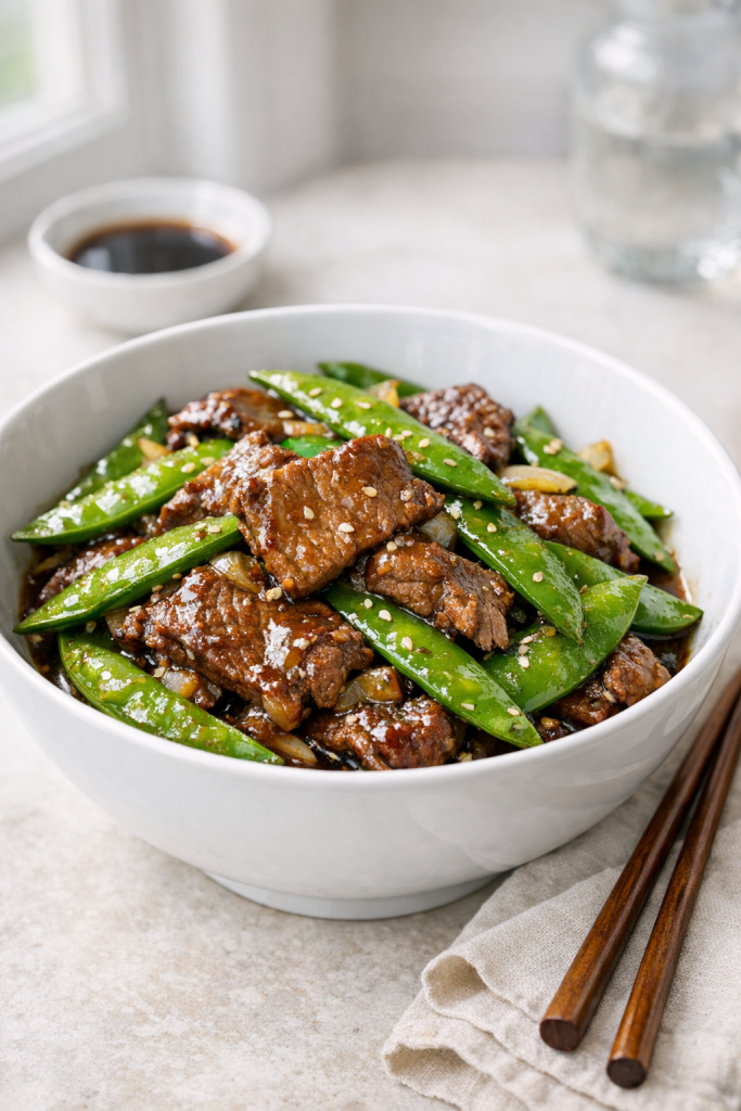 Photorealistic vertical 2:3 image (2200px height) of beef and snow pea stir-fry in a white bowl with chopsticks on the side, glossy sauce, bright snow peas, natural window light, US food photography, clean background, no text, no logo, no watermark